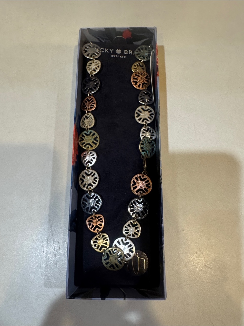 Lucky Brand Tri-Tone Cutout Coin Link Necklace - Gold, Silver, Rose Gold